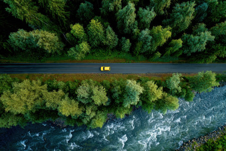 Panoramic aerial view of a green landscape with a road and a riverの素材