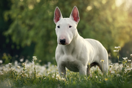 Bull terrier dog walks in a field of flowers in summerの素材