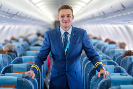 A male flight attendant in a beautiful uniform stands in the aisle of the plane with his hands on the seatsの素材