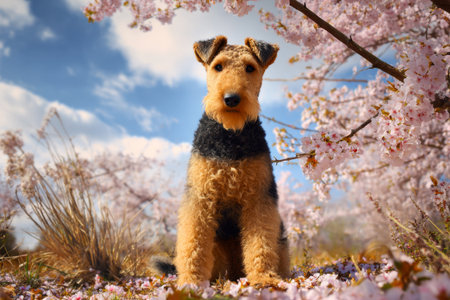 Curly-haired Airedale Terrier or Welsh Terrier dog sits under a cherry blossom treeの素材