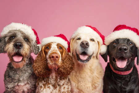Dogs of different breeds with Santa hats on a pink background with Christmas decorの素材
