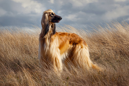 An Afghan greyhound in a field of tall, dry grassの素材