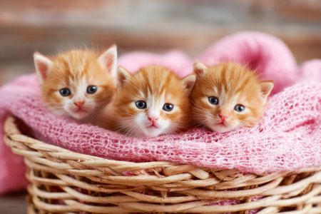 Cute fluffy red kittens in a wicker basket with a pink blanketの素材
