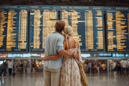 A young couple, a man and a woman at the airport on the background of the arrival and departure board, the concept of summer vacation and travel, rear viewの素材