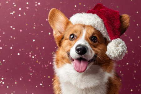 Portrait of a corgi wearing a Santa hat on an isolated background, Christmas confetti everywhereの素材