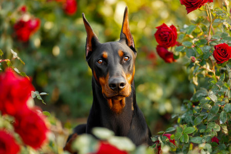 An adult Doberman in a blooming garden of red roses flowersの素材