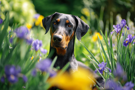 An adult Doberman in a blooming field of purple irises flowersの素材