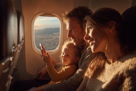 A family of three with a child is sitting in the seats on the planeの素材