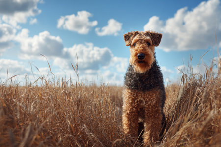 Curly-haired Airedale Terrier or Welsh Terrier dog walks in a field of tall grassの素材
