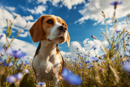 A beagle dog in a blooming field of purple cornflowers on a sunny summer dayの素材