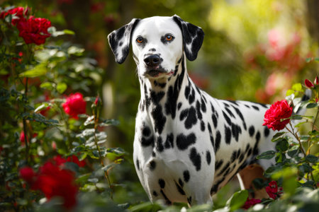 A beautiful adult Dalmatian in a blooming garden of red rosesの素材