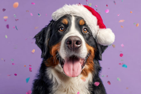 Portrait of a Bernese Mountain dog wearing a Santa hat with confetti on a purple backgroundの素材