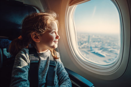 A little child sits at the window of a porthole on an airplane and looks out the windowの素材