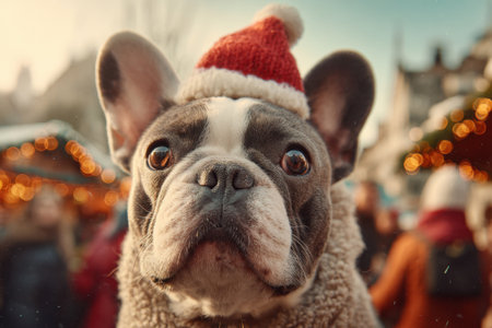 A French bulldog wearing a Santa hat on the street of a festive city before Christmasの素材