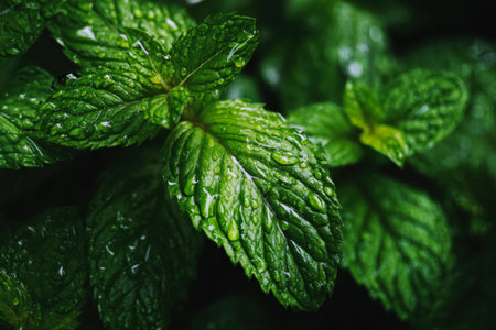 Rain-soaked green leaves on a dark backgroundの素材