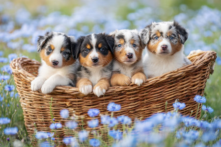 Australian Shepherd puppies with blue eyes in a basket in a field of purple flowersの素材