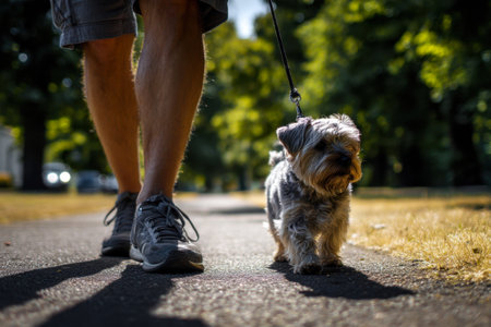 A man in sneakers walks with a small dog on a leash in summerの素材