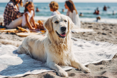 A golden Retriever dog lies on a towel on the beach by the sea in summerの素材