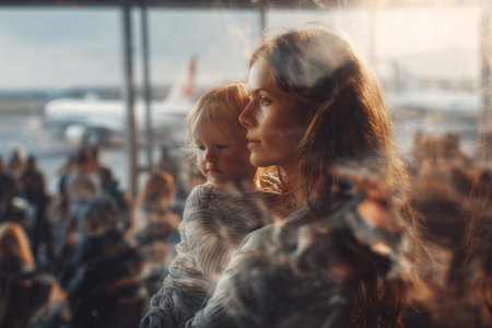 A young Mother holds a toddler in her arms at the airport, waiting for boarding at the window in the waiting area against the background of airplanes.の素材