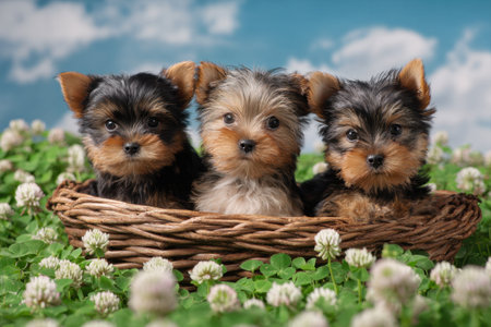 Cute Yorkshire Terrier puppies sit in a wicker basket in a field of clover in summerの素材