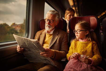Grandpa and his granddaughter are traveling by train, sitting in chairs next to the window and reading the newspaperの素材