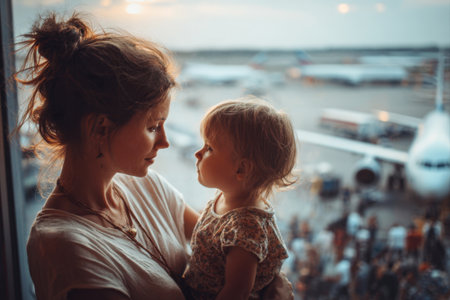 A young Mother holds a toddler in her arms at the airport, waiting for boarding at the window in the waiting area against the background of airplanes.の素材