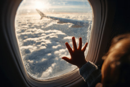 A little child sits at the window of a porthole on an airplane and looks out the windowの素材