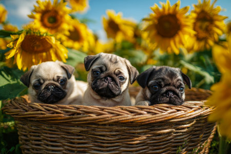 Three pug puppies in a basket in a field of sunflowers, perfect for postcardsの素材