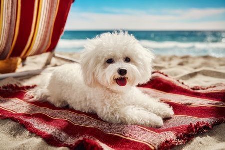 A bichon frise dog is relaxing on a towel on the sand on the beach by the seaの素材