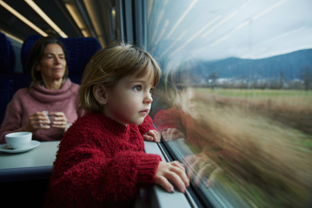 Little child Caucasian 7 years old looks out the train window. Kid dreaming and wondering. Family vacations and journey trip.の素材