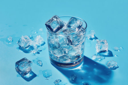 Square ice cubes for cocktails in a glass on a blue backgroundの素材