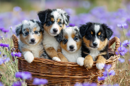 Australian Shepherd puppies with blue eyes in a basket in a field of purple flowersの素材