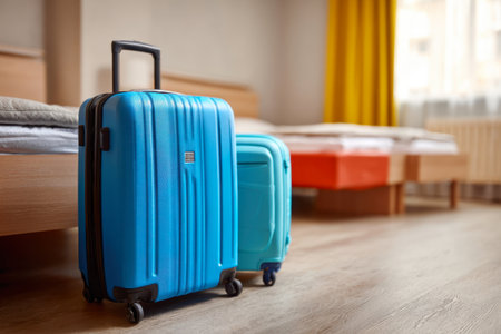 An adult and a child's suitcase stand against the background of beds in a beautiful hotel room, preparing for travelの素材
