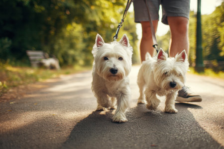 A man walks on a leash with two West Highland White Terriers in the summerの素材
