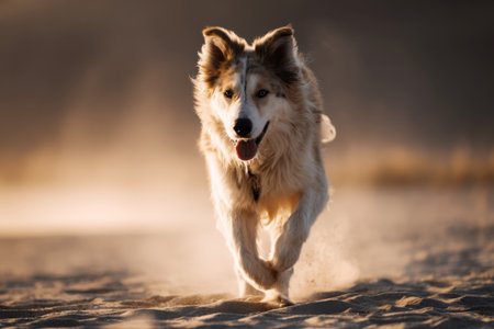 The shepherd dog runs fast in front of the cameraの素材