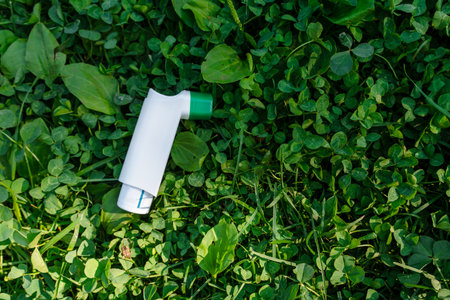 Pocket inhaler Outside in summer, allergy and asthma conceptの写真素材
