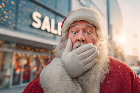 Surprised Santa Claus on the street at the window of a store with Christmas salesの素材