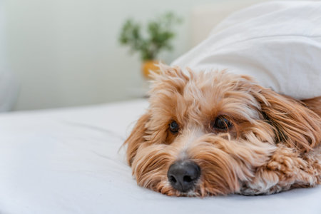 A close portrait of a charming curly brown dog of breed Labradoodle or Cavapoo in home on bed. The...