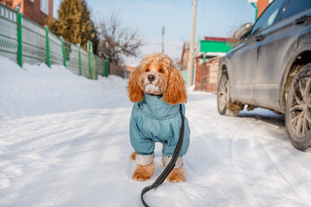 A brown curly-haired Labradoodle or Kawapoo dog in blue warm outdoor clothes walks through the snow...