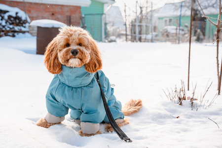 A brown curly-haired Labradoodle or Kawapoo dog in blue warm outdoor clothes walks through the snow...