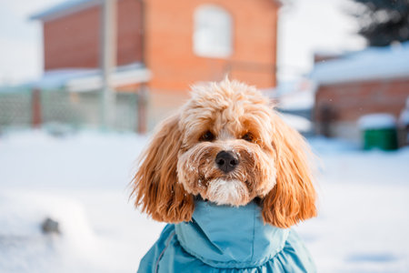 A brown curly-haired Labradoodle or Kawapoo dog in blue warm outdoor clothes walks through the snow...