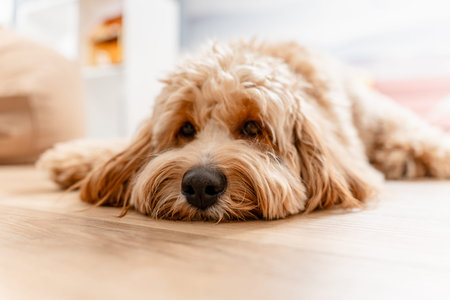 Cute curly brown dog is lying on the floor