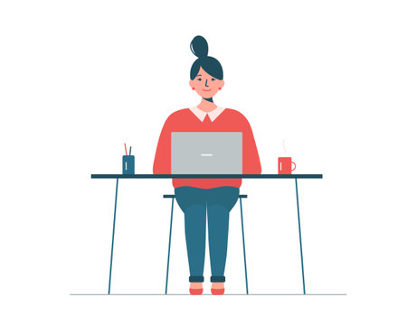 Woman sitting with laptop and working from home. Freelance conceptのイラスト素材