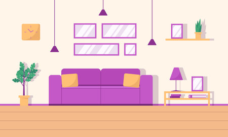 Living room interior in cozy purple design. Bright vector illustration in flat styleのイラスト素材