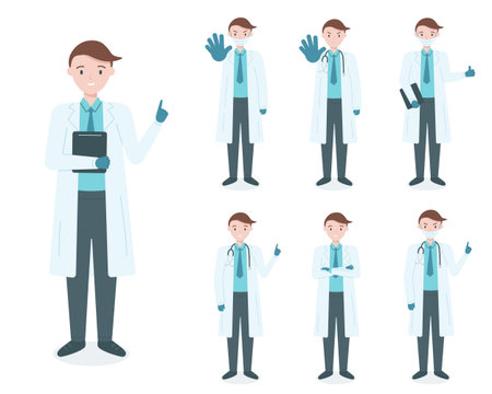 Set of male hospital medical specialist with different gestures. Smart doctor man character with protective mask and stethoscope. Cartoon vector illustration in flat style isolated on white backgroundのイラスト素材