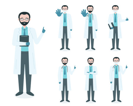Set of man doctor character in different poses. Cartoon male medicine worker. Vector flat illustration isolated on white backgroundのイラスト素材