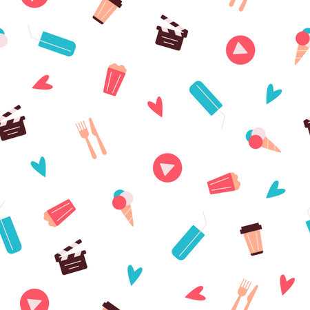 Seamless pattern of cinema entertainment, colorful pop corn, cocktails, ice cream and coffee icons isolated on white background. Cute vector illustration in flat styleのイラスト素材