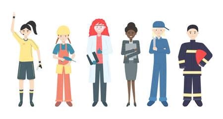 Set of happy women of different professions. Female referee, woman builder, woman scientist, office worker, female mechanic, firewoman. Girl power, Labor Day. Vector illustration in flat styleのイラスト素材
