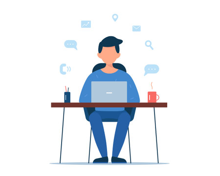 Man working at laptop with work process icons around. Freelance, online learning, home office, remote work concept. Cartoon flat vector illustration isolated on white backgroundのイラスト素材