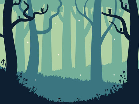 Cartoon vector illustration of magical forest. Mystery and fairytale with little fantastic creaturesのイラスト素材